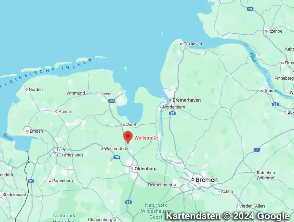 Ferienwohnung Rastede Lage: &Uuml;bersichtskarte f&uuml;r die Anfahrt nach Hahn-Lehmden im Ammerland zwischen Oldenburg und der Nordsee.