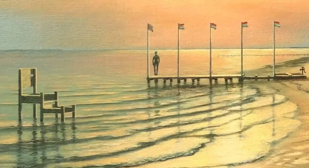 Urlaub in Dangast: Maritimes &Ouml;lgem&auml;lde eines Stegs am Jadebusen bei Sonnenuntergang f&uuml;r G&auml;ste aus Hahn-Lehmden.