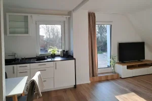 Ferienwohnung Rastede: Moderne offene Küche und heller Wohnbereich mit TV für Ihren Urlaub im Ammerland.