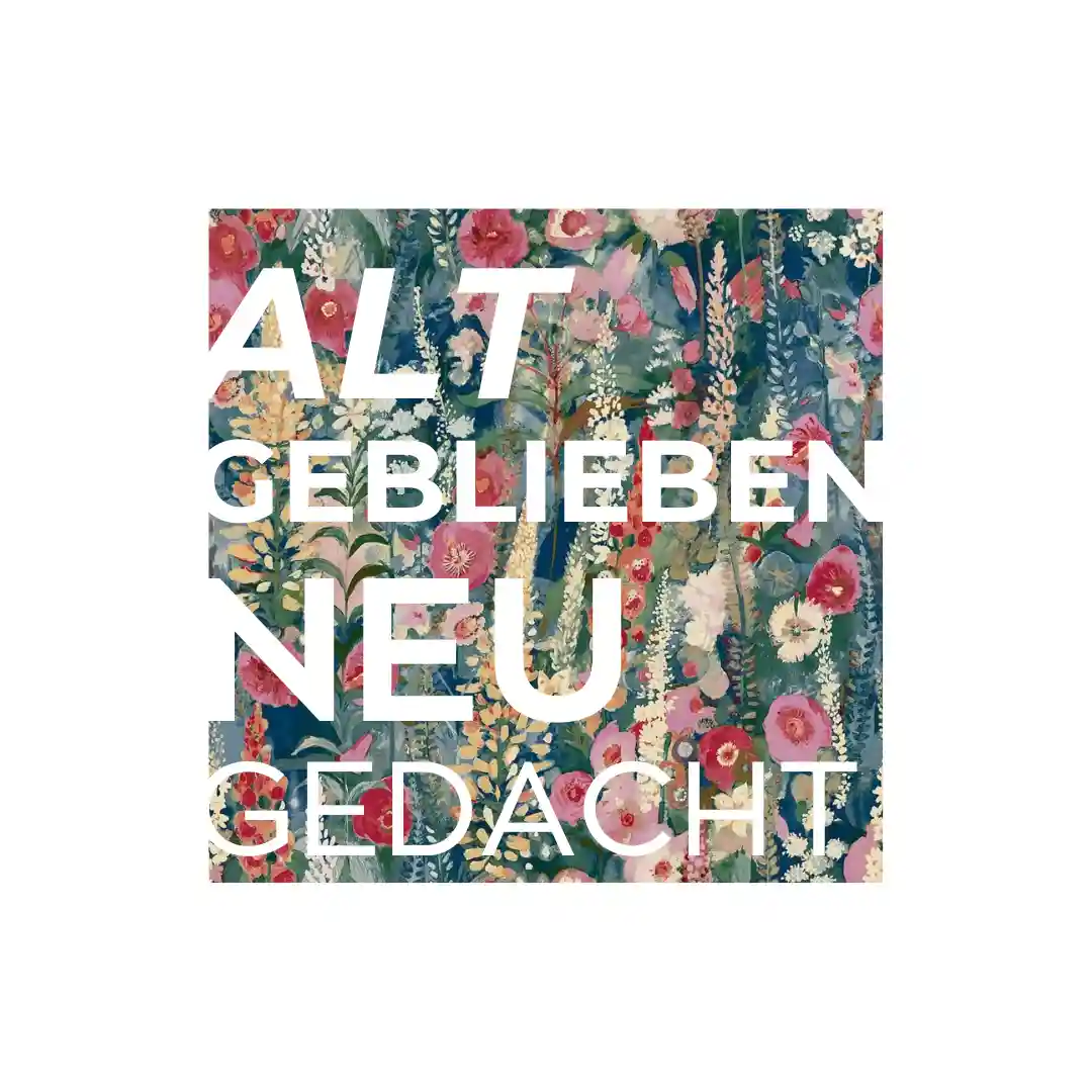 &Uuml;bernachtung Hahn-Lehmden: Florales Vintage-Design-Element mit dem Slogan &bdquo;Alt geblieben Neu gedacht&ldquo;.